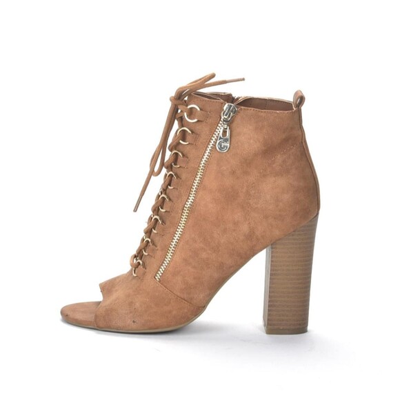 Guess GBG Brown Ankle Boot Bootie Tie Up side Zip Block Heel Peep Toe Sz 8 - Picture 3 of 7